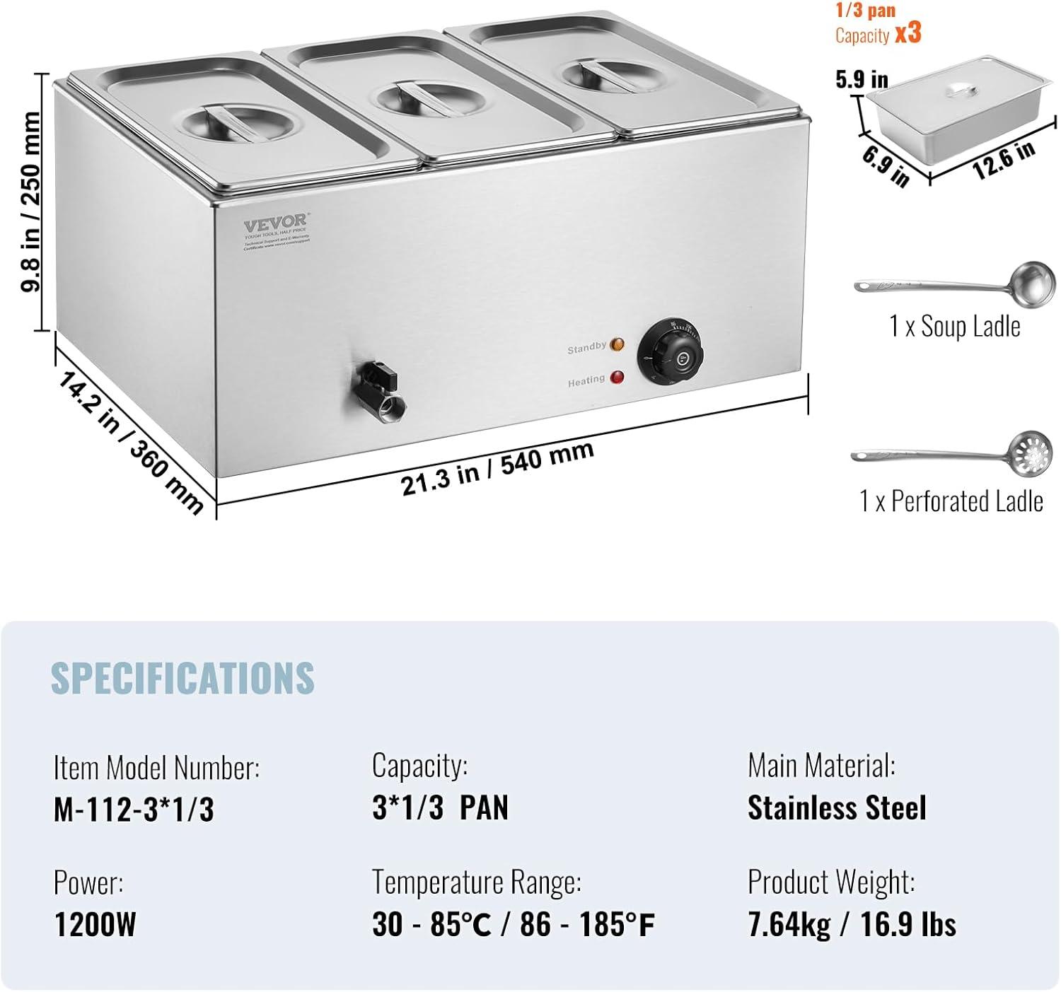 3-Pan Commercial Food Warmer, 17.4QT. Electric Steam Table, 1200W Professional Countertop Stainless Steel Buffet