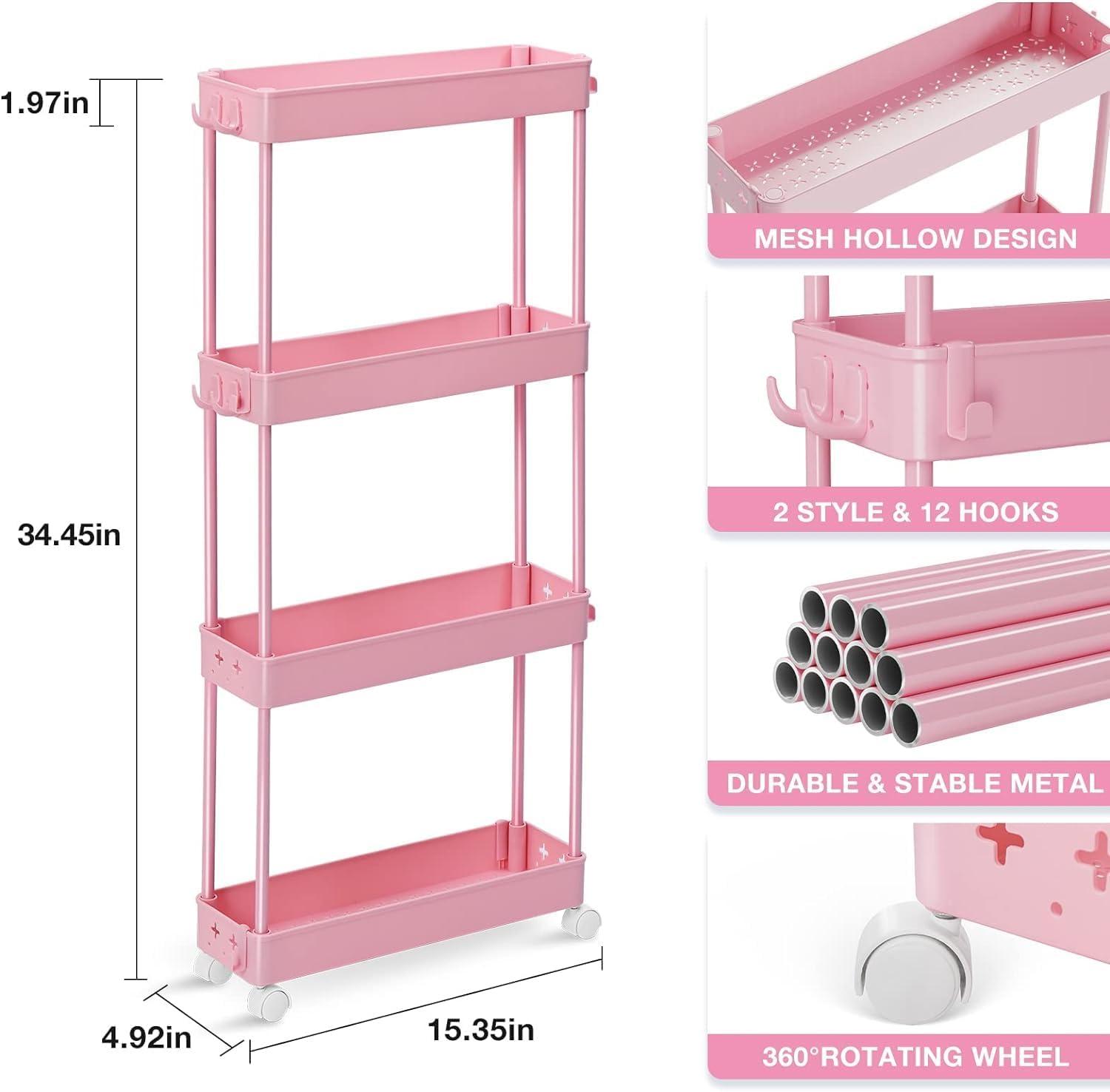 Slim Rolling Storage Cart 4 Tier Bathroom Organizer Utility Cart Mobile Shelving Unit Tower Rack for Kitchen, Laundry Room, Bathroom, Narrow Places, Pink