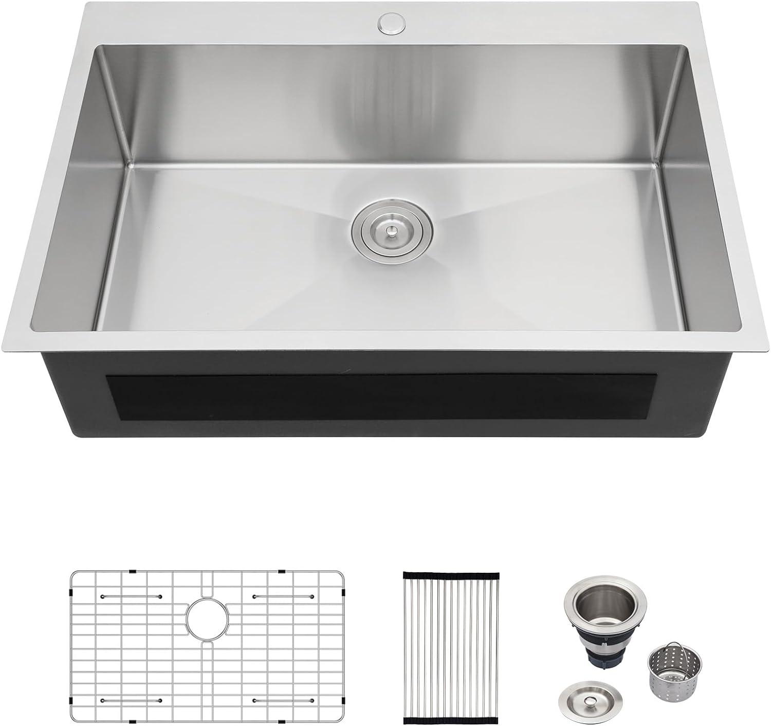 Whizmax Drop in Kitchen Sink, 16 Gauge Stainless Steel Kitchen Sink Top Mount Single Bowl Deep Kitchen Sink and Accessories, Workstation Sink