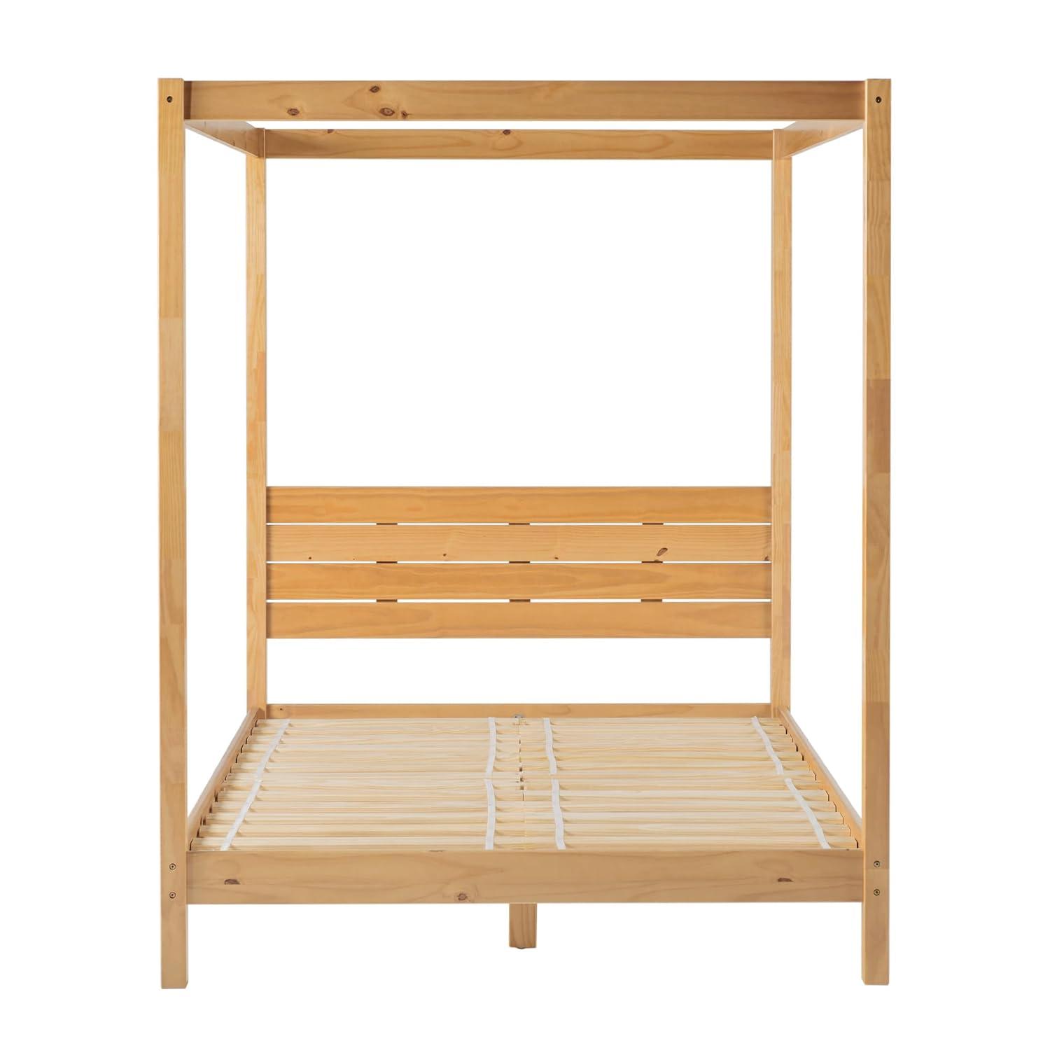 Walker Edison Minimalist Slatted Wood Queen Canopy Bedframe, Natural Pine