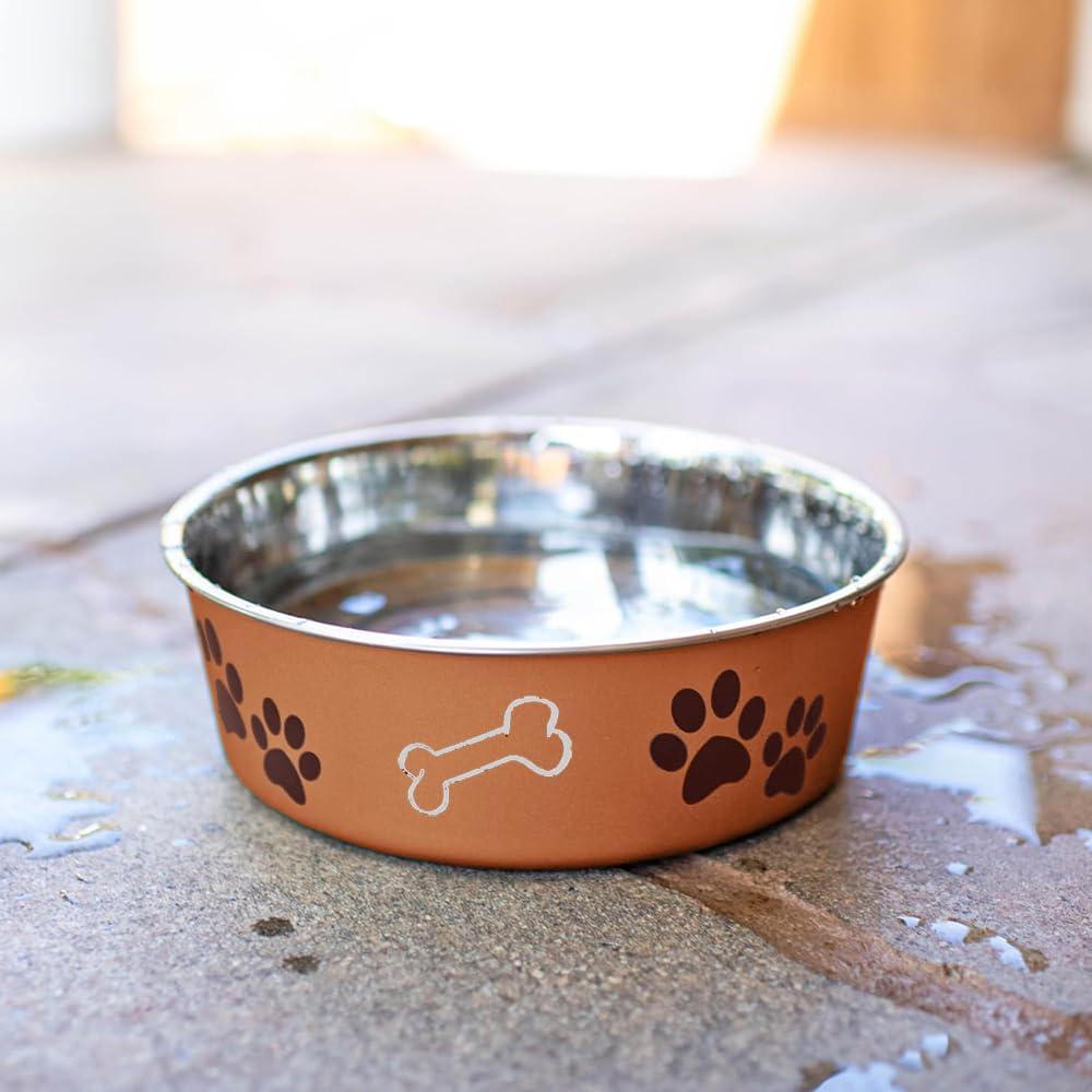 Stainless Steel Dog Dish Fun Print Feeding Bowls Non Slip Rubber Base (Medium - Copper)