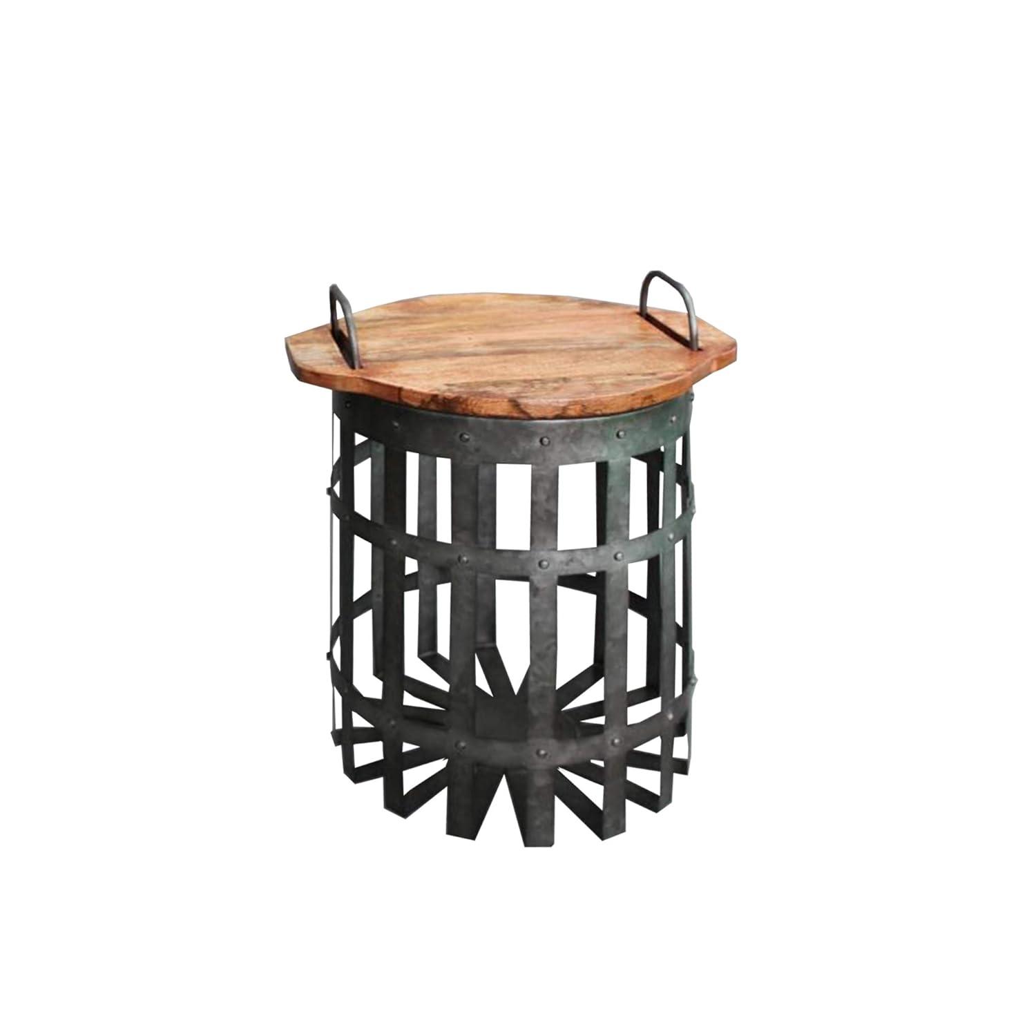 Benzara Set of 2 Industrial Grid Galvanized Accent End Table with Round Lid and Handles Accent Tables Gray/Brown