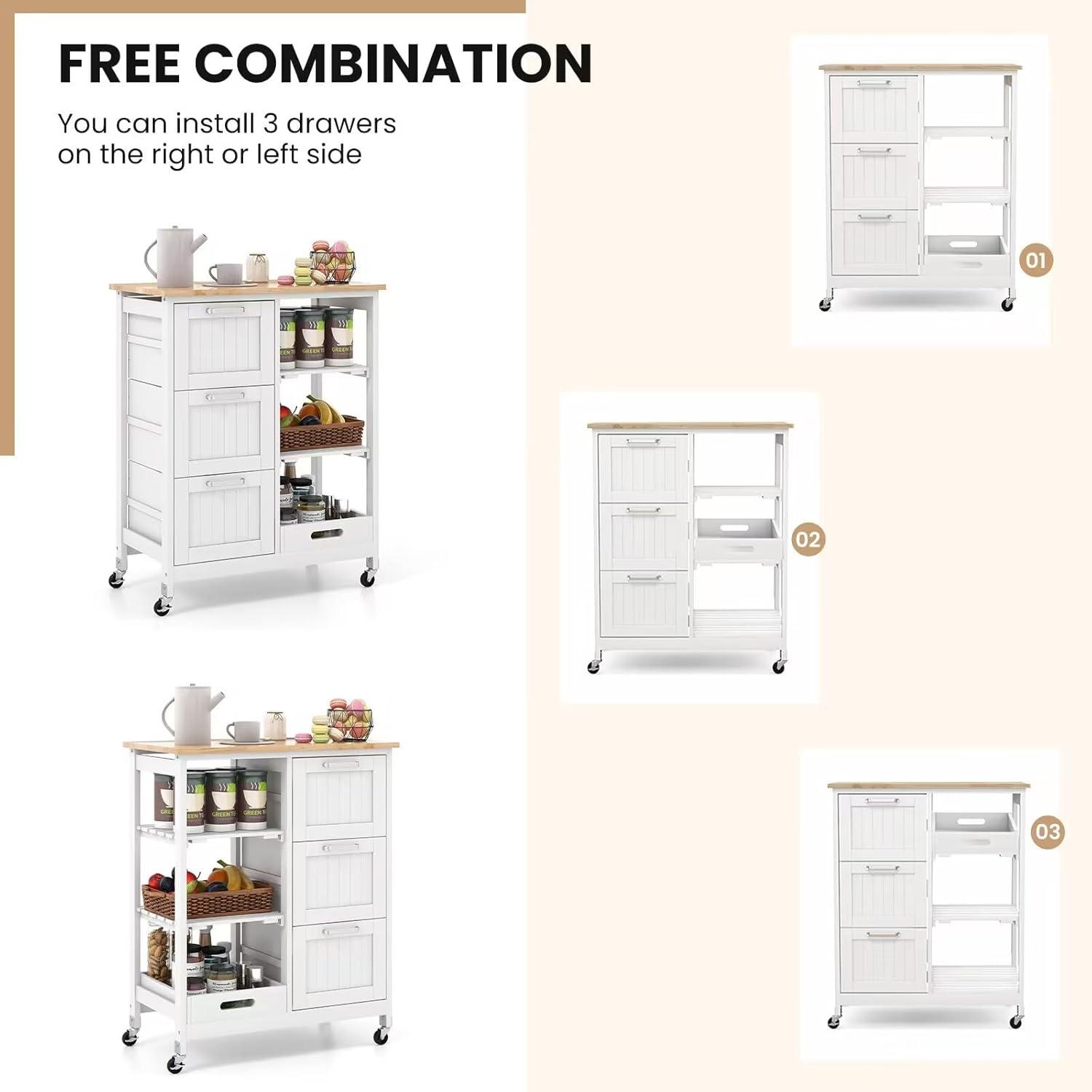 Kitchen Storage Island Cart on Wheels, Kitchen Rolling Trolley Cart with 3 Drawers and Shelves, 360° Wheels & Detachable Tray, Kitchen Island for Dining Room, Living Room & Bedroom