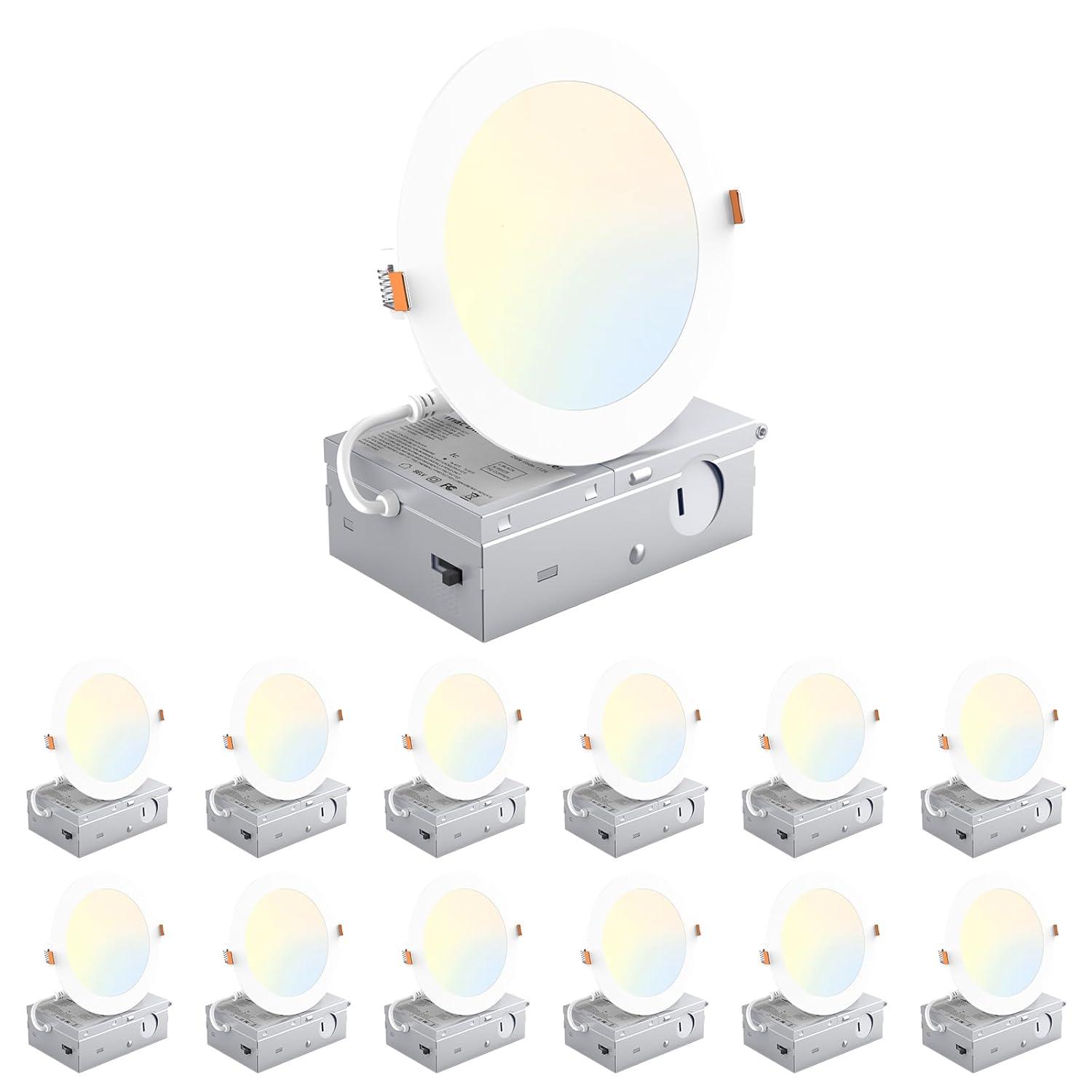 TORCHSTAR 12 Pack 4" 5CCT Dimmable LED Recessed Light with J-Box, 2700K/3000K/3500K/4000K/5000K Selectable, 10W LED Downlight, Aluminum, High Brightness, ETL & Energy Star
