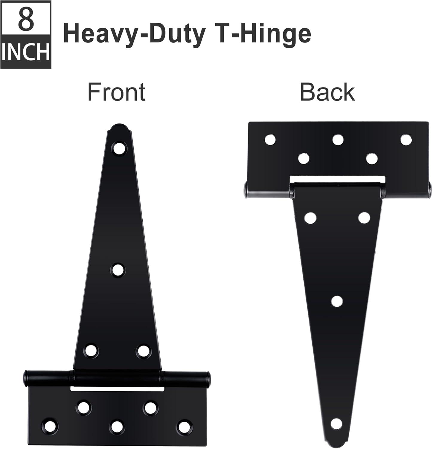 2PCS 8 Inches T Shape Rustproof Iron Light Duty Shed Hinge Gate Strap Hinge Door Gates Hinges (Black)