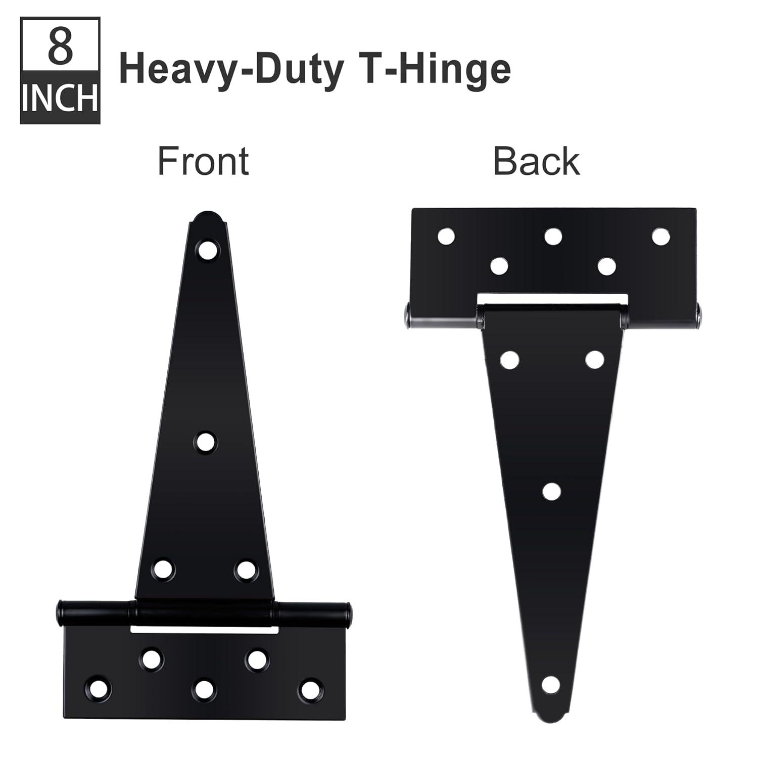 2PCS 8 Inches T Shape Rustproof Iron Light Duty Shed Hinge Gate Strap Hinge Door Gates Hinges (Black)