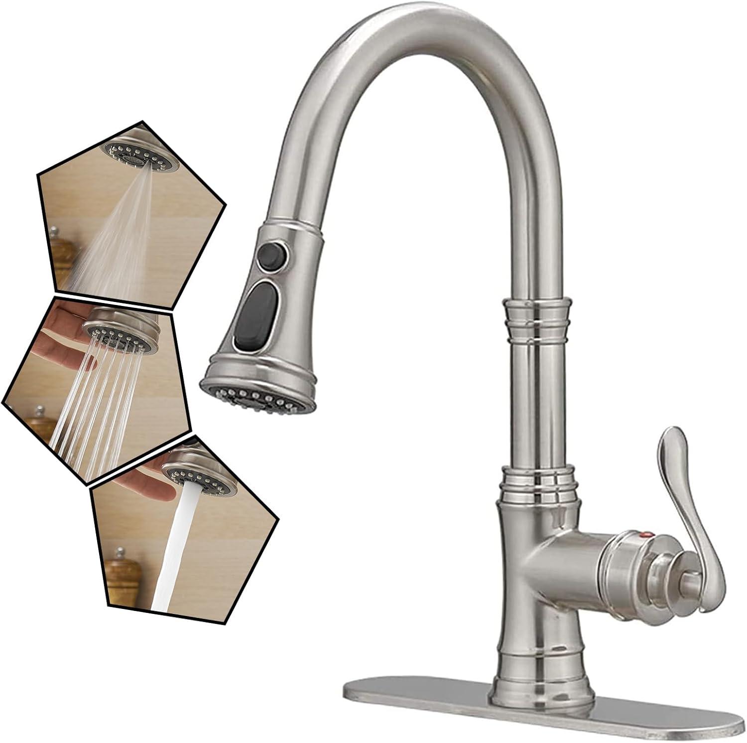 Kitchen Sink Faucet Brushed Nickel with Pull Down Sprayer 3 Mode Faucet for Kitchen Sink Single Handle High Arc Commercial Stainless Steel Pull Out RV Kitchen Faucet Bar,Deck Plate Include