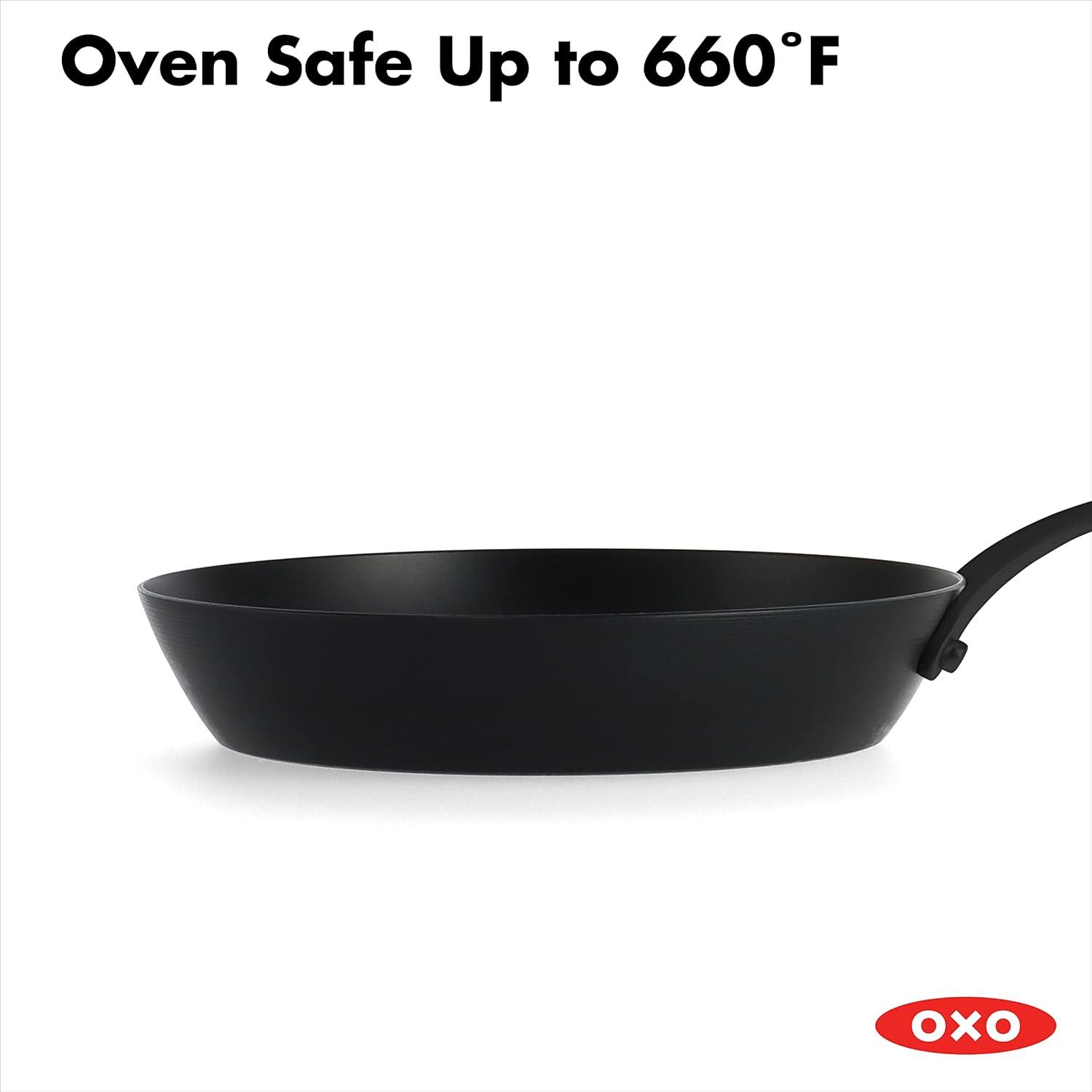 OXO Obsidian Pre-Seasoned Carbon Steel Induction Safe 8" Frying Pan with Silicone Sleeve, Black