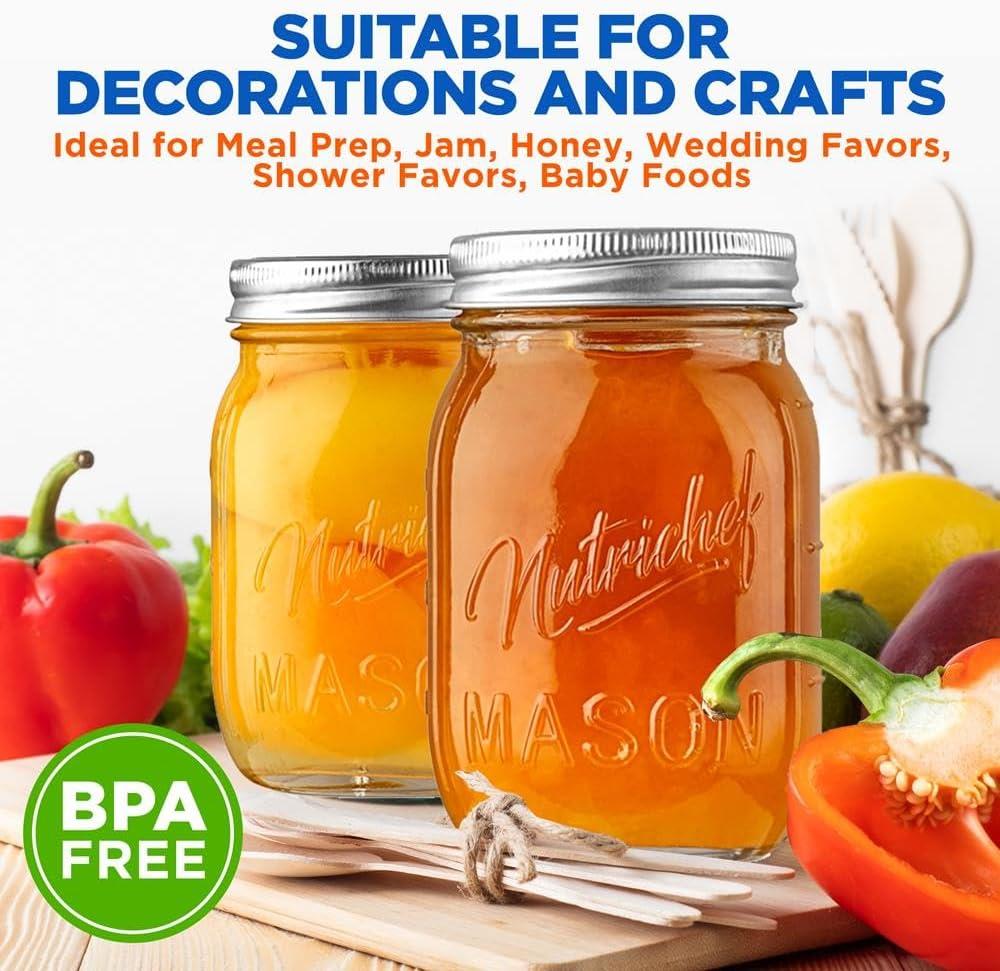 NutriChef 16 Pcs. Glass Mason Jars with Regular Lids and Bands, DIY Magnetic Spice Jars, Ideal for Meal Prep, Jam, Honey, Wedding Favors, and more