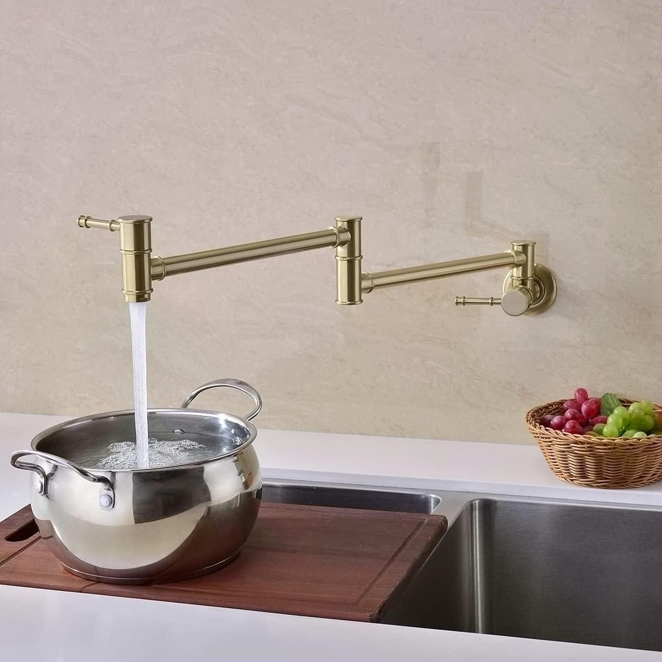 Besdor Pot Filler Faucet Brushed Gold Wall Mount Over Stove Faucet, Commercial Brass Pot Filler Faucet Gold, Double Joint Swing Arms, Single Hole Two Handles Folding Kitchen Faucet