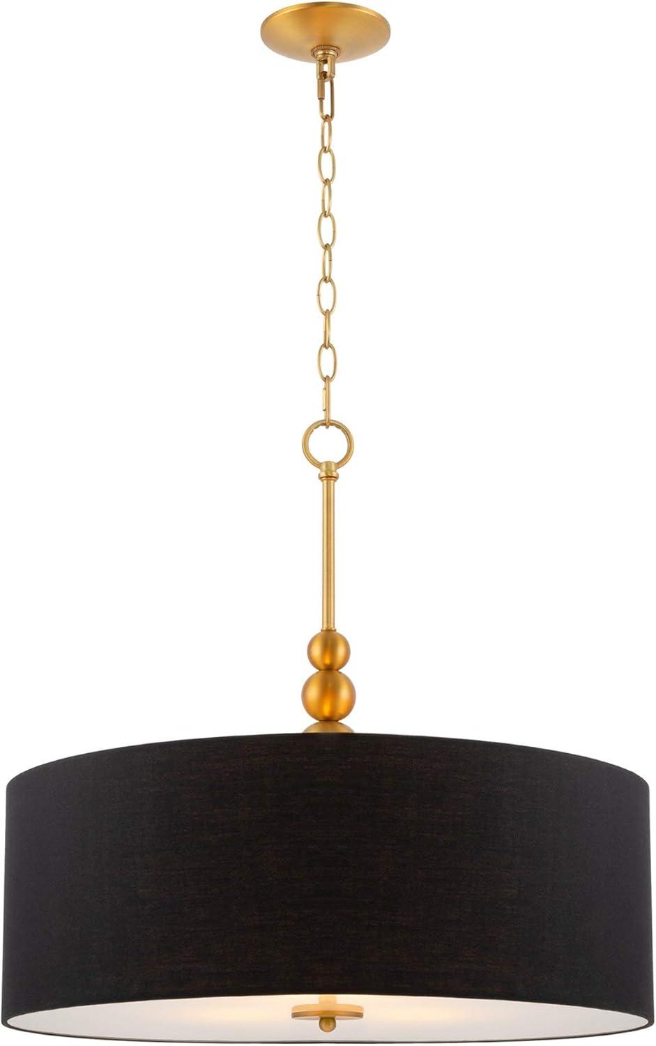 Kira Home Adelade 22" 3-Light Drum Pendant Chandelier, Black Fabric Shade, Glass Diffuser, Adjustable Height, Warm Brass