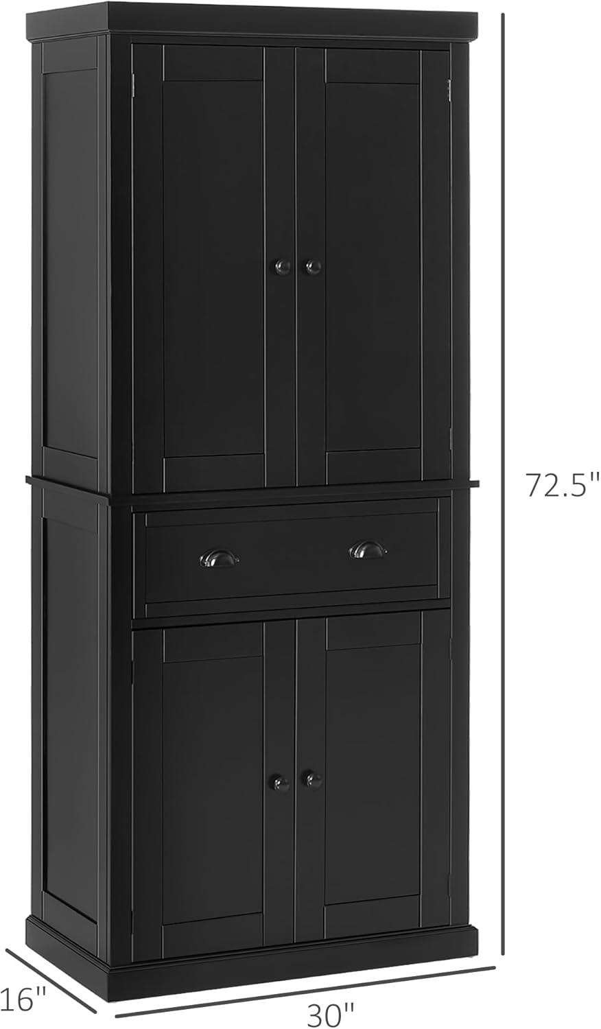 HOMCOM 72.5" Kitchen Pantry Cabinet, Traditional Freestanding Storage Cabinet with 4 Doors, Drawer and 3 Adjustable Shelves for Dining Room, Black