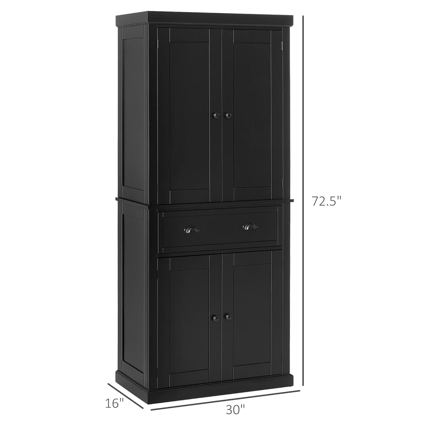 HOMCOM 72.5" Kitchen Pantry Cabinet, Traditional Freestanding Storage Cabinet with 4 Doors, Drawer and 3 Adjustable Shelves for Dining Room, Black
