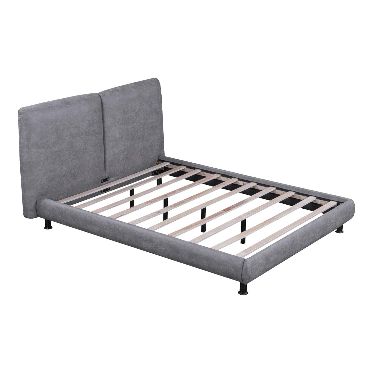 Sesslife Queen Bed Frame, Upholstered Platform Bed Queen Size with 2 Comfort Headrests and Metal Legs, Modern Bed Frame with Wooden Slat Support, No Box Spring Needed, Gray