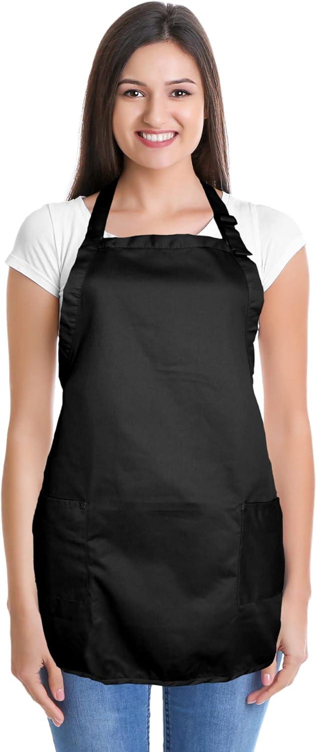 Dalix Waist Aprons Commercial Restaurant Home Bib Spun Poly Cotton Kitchen (3 Pockets) in Black