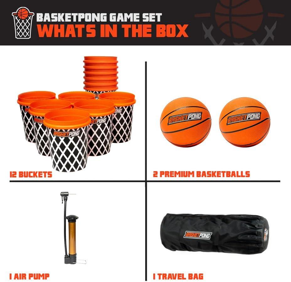 Giant Yard Pong X Basket Ball Game with Durable Balls and Buckets, Outdoor Game for Lawn, Backyard and Beach, Set Includes 12 Buckets, 2 Basket Balls, Carrying Bag and Air Pump