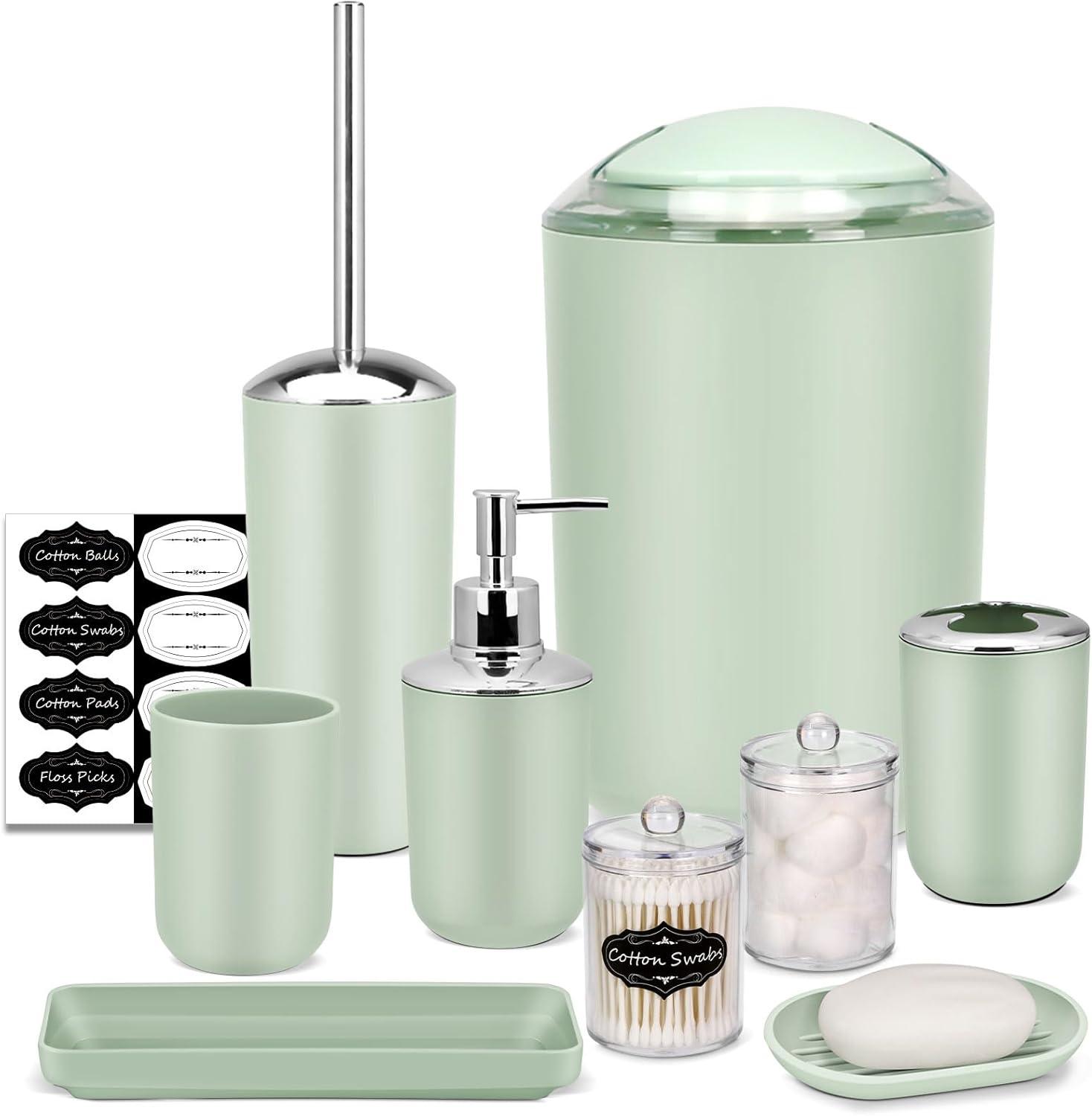 Green Plastic 9-Piece Bathroom Accessories Set with Labels