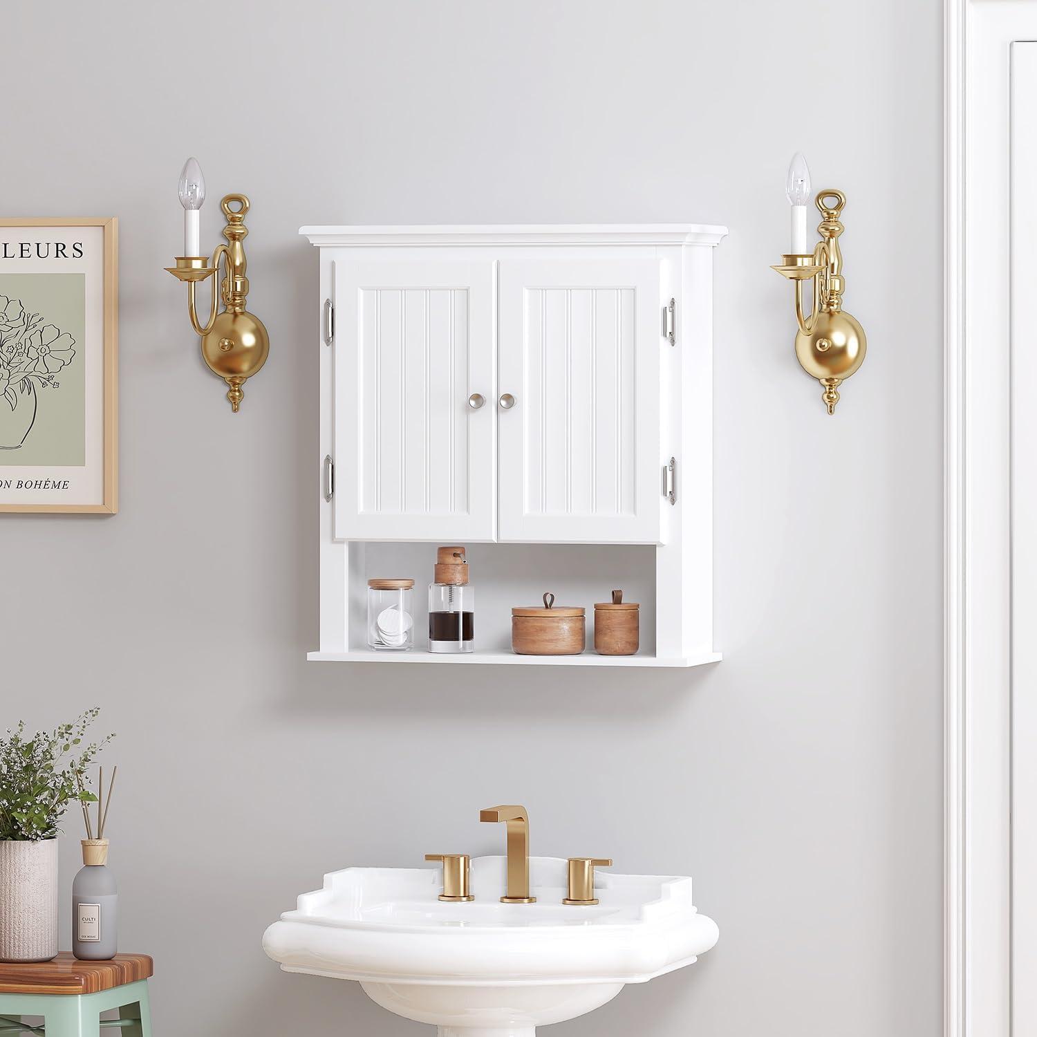 White Wood Wall Mounted Bathroom Cabinet with Adjustable Shelves