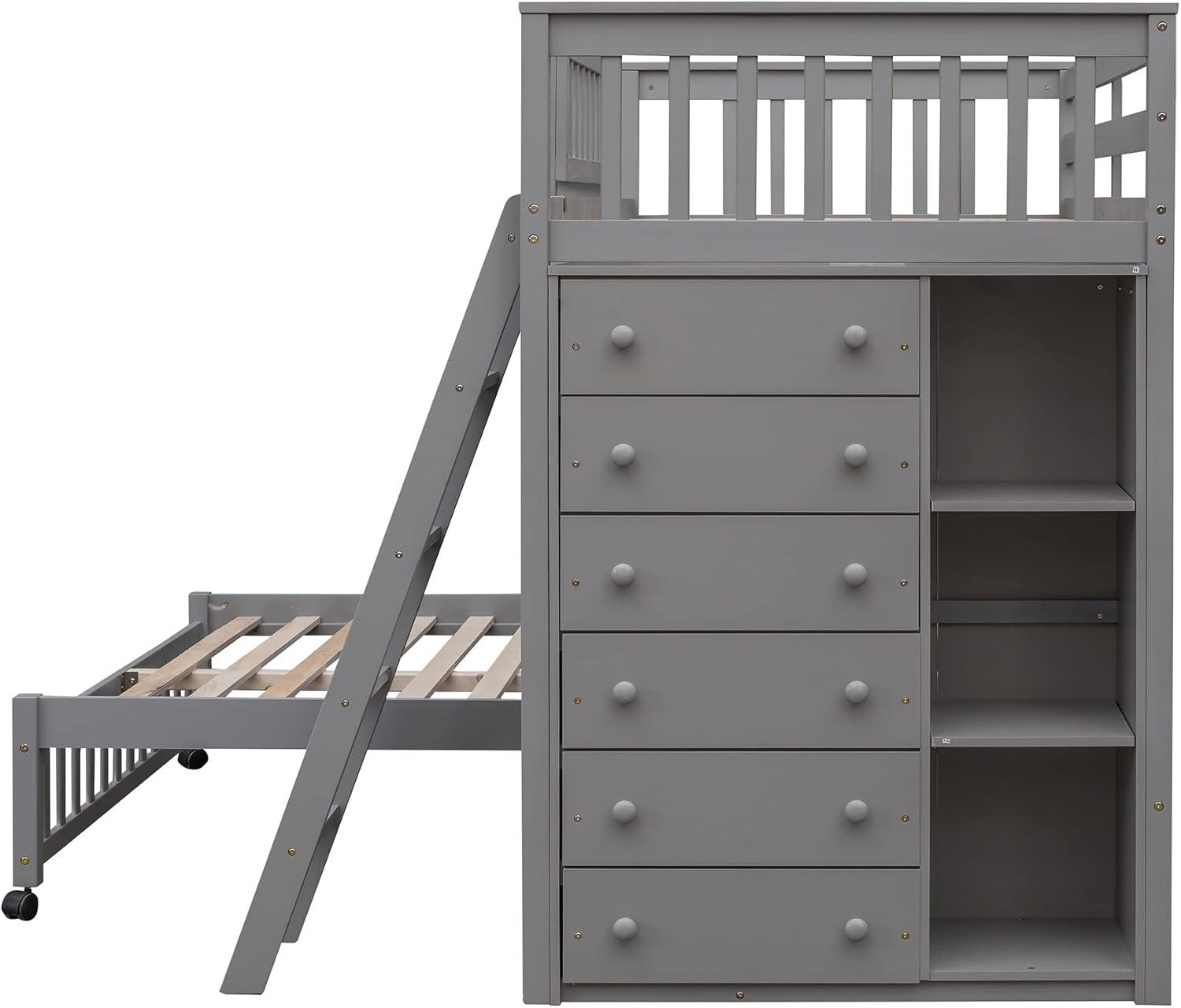 Harper & Bright Designs Twin Over Full Bunk Bed with Storage, Solid Wood Bunk Bed with 6 Drawers and 3 Flexible Shelves, Movable Bottom Bed with Wheels, for Kids Teens Adults (Gray)