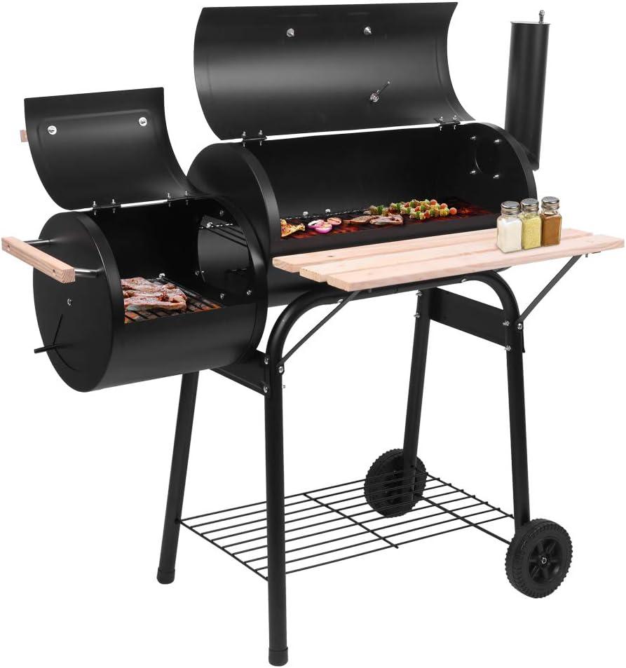 44 Inch Black Steel Charcoal Grill with Offset Smoker