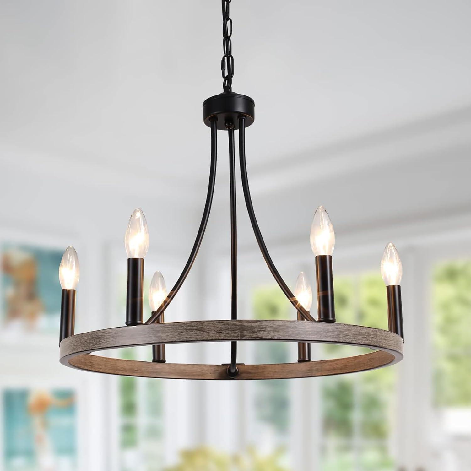 Lynpon 6 Light Wagon Wheel Chandelier, Diam 20 Inch Black Chandeliers for Dining Room, Rustic round Chandelier Hanging Farmhouse Wrought Iron Light Fixture for Living Room Kitchen Foyer Entryway