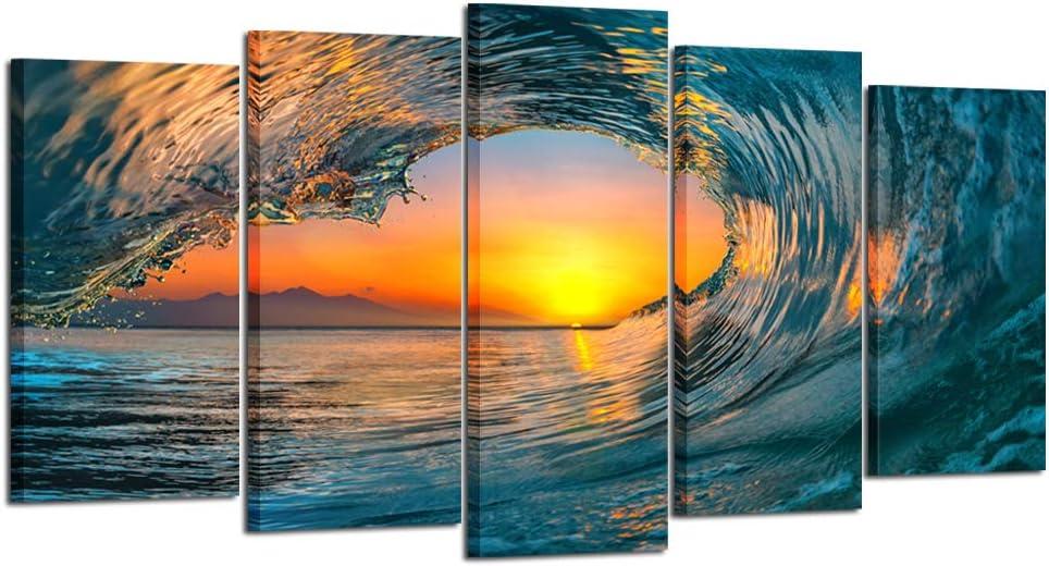 Large 5 Piece Sea Waves Wall Art Modern Framed Giclee Canvas Prints Seascape Artwork Ocean Beach Pictures Paintings On Canvas For Living Room Home Office Decor (Large Size 60X32inch)