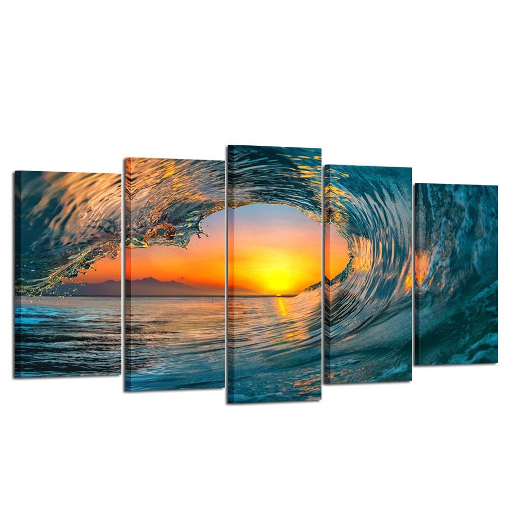 Large 5 Piece Sea Waves Wall Art Modern Framed Giclee Canvas Prints Seascape Artwork Ocean Beach Pictures Paintings On Canvas For Living Room Home Office Decor (Large Size 60X32inch)