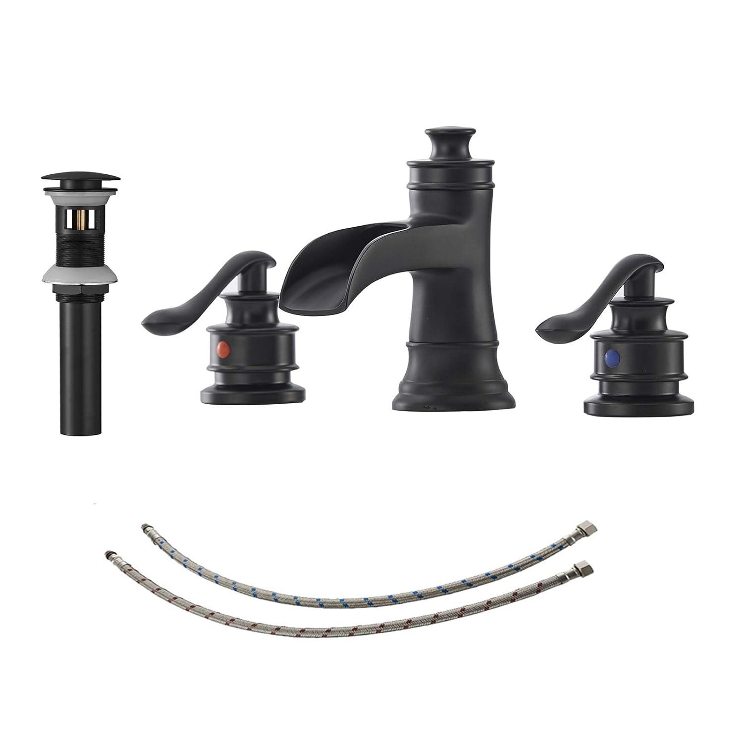 Black Bathroom Faucet Widespread Bathroom Faucets for Sink 3 Hole Matte Black 8 Inch Two Handle Matching Pop Up Drain Stopper Waterfall Farmhouse Lavatory Water Supply Line by Bathfinesse