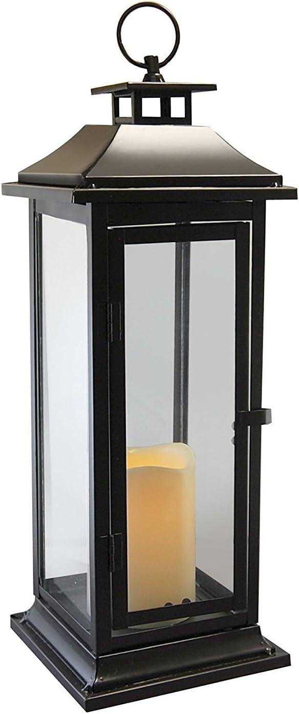 LumaBase Metal Lantern with Battery Operated Candle - Traditional Black