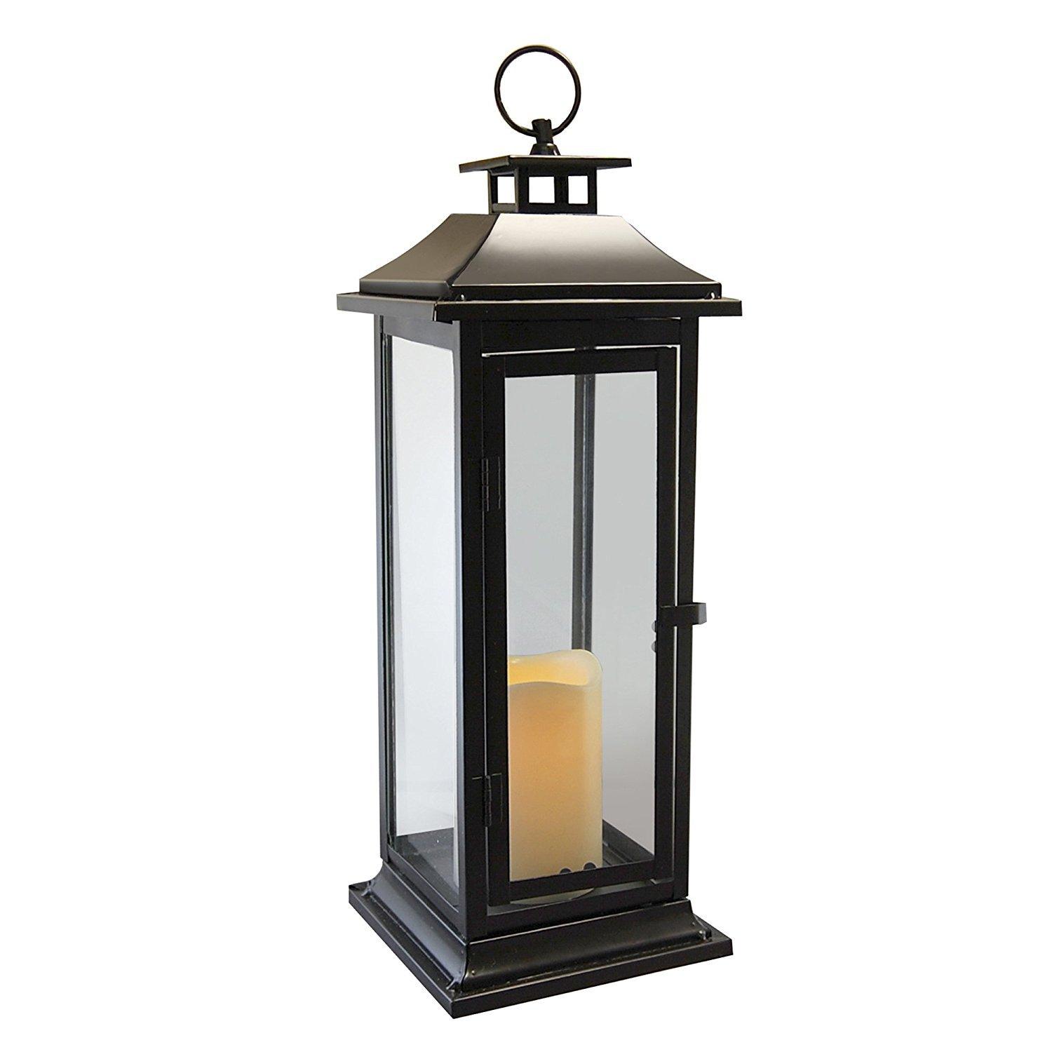 LumaBase Metal Lantern with Battery Operated Candle - Traditional Black