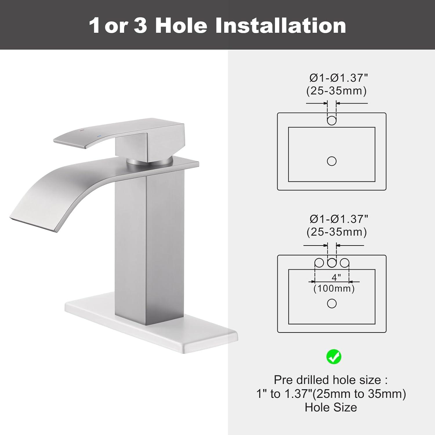 Waterfall Single Handle Bathroom Vanity Sink Faucet with Metal Pop-up Drain, Brushed Nickel Finish