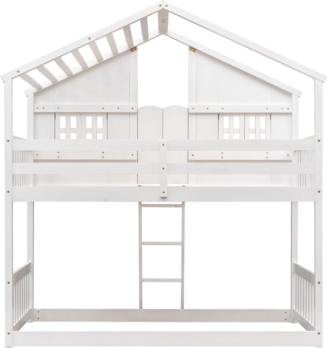Harper & Bright Designs House Bunk Bed Twin Over Twin Kids Bunk Bed Wood Frame with Roof, Window, Window Box, Door, Safety Guardrails and Ladder, for Girls Boys (Twin Size, White)