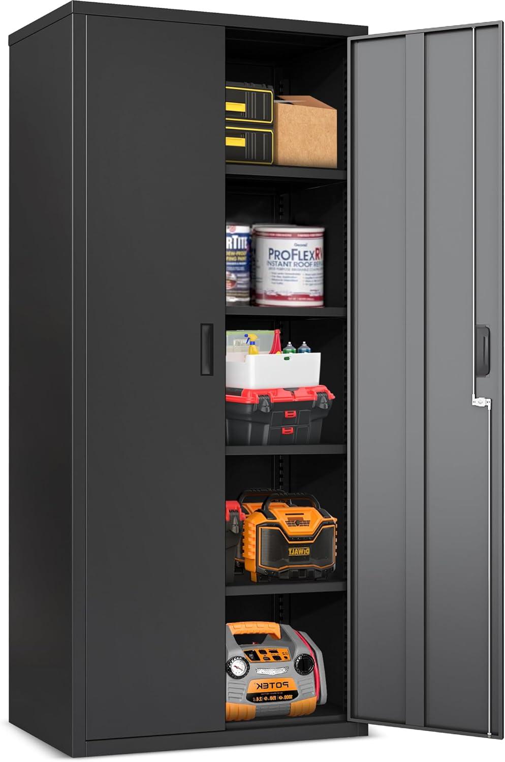 Black Steel Freestanding Garage Cabinet with Adjustable Shelves