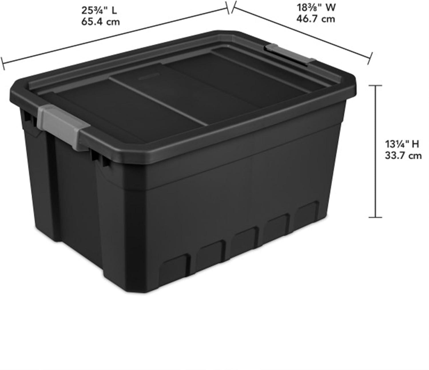 Sterilite 19 Gallon Plastic Stacker Tote, Heavy Duty Lidded Storage Bin Container for Stackable Garage and Basement Organization, Black, 12-Pack