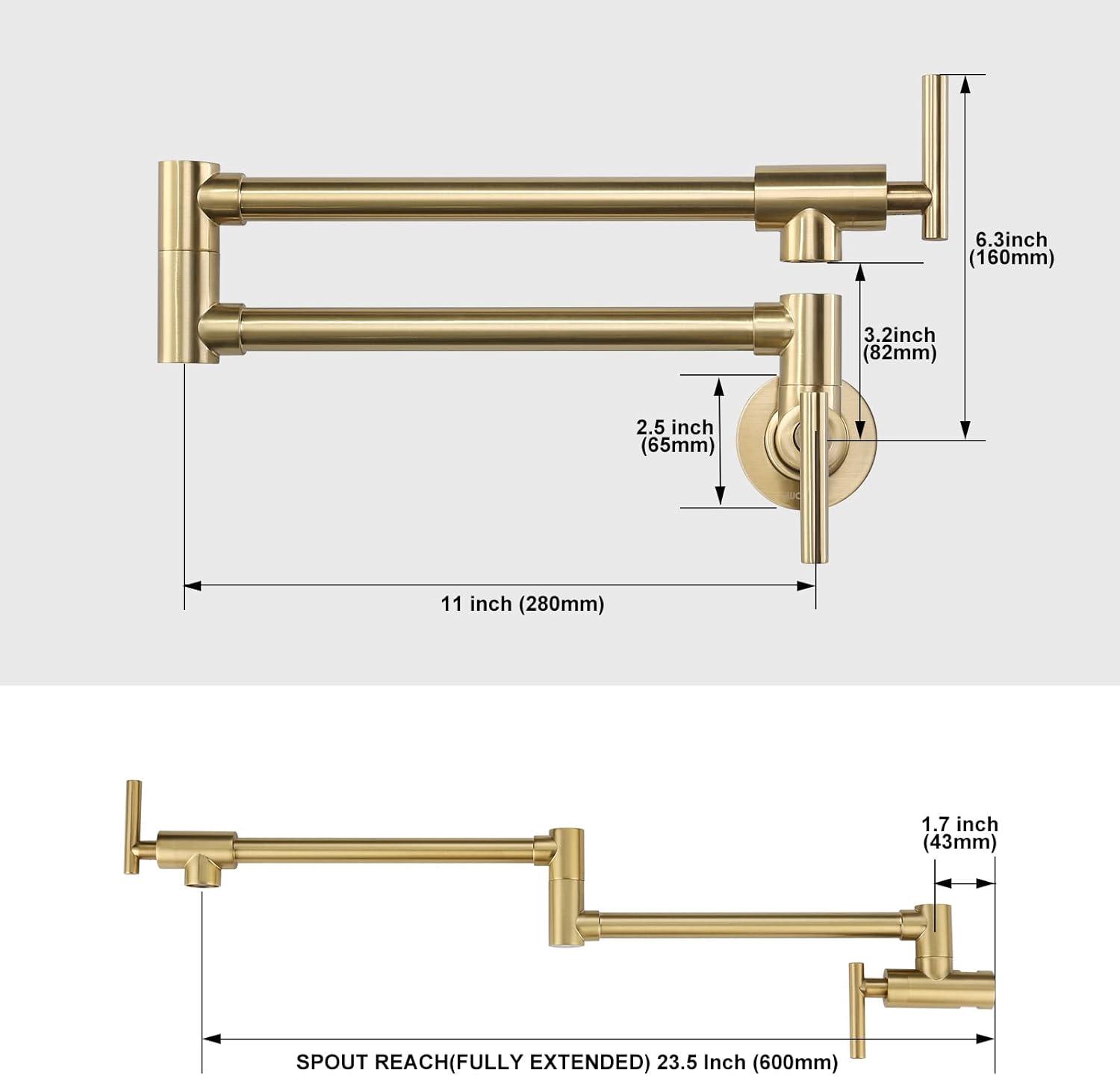 Brushed Gold Wall-Mount Dual Handle Pot Filler Faucet