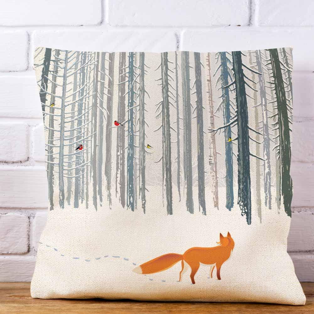 Throw Pillow Case Winter Forest Landscape Fox Bird Throw Pillow Covers Decorative Cushion Cover Sofa Bed Pillow Case 18 x 18 Inch