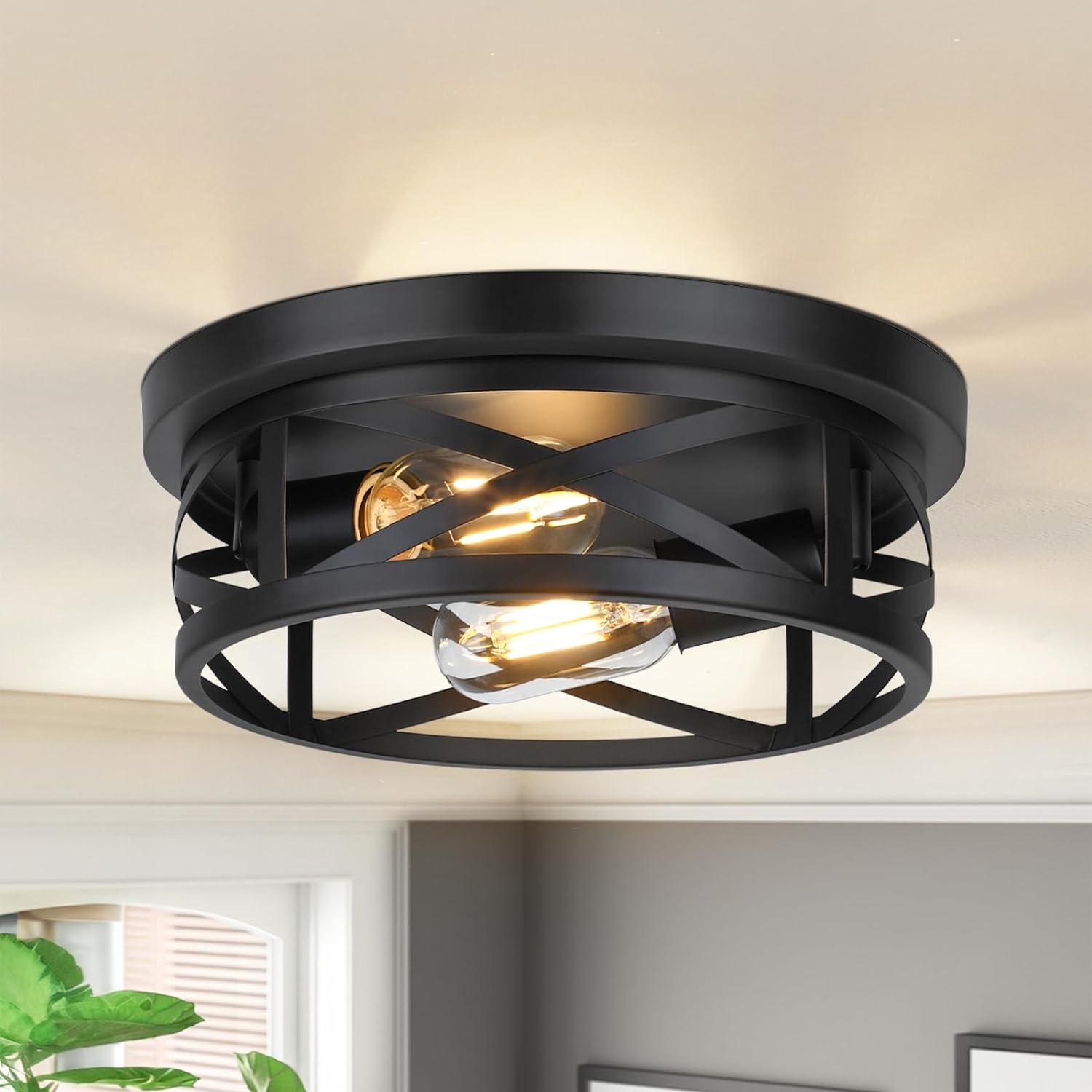 Black Metal Cage Drum Flush Mount Ceiling Light, 2-Pack