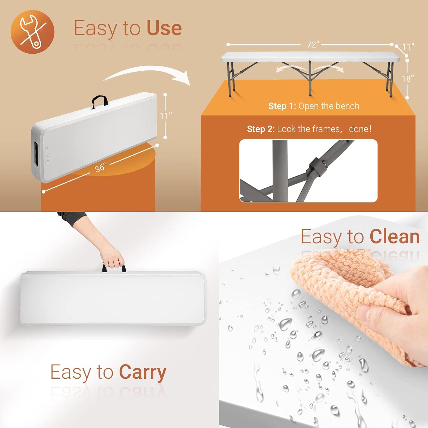 VINGLI 6 ft 3-Piece Portable Picnic White Table Bench Set, Weather-Resistant Plastic Folding Camping Beer Table w/Carrying Handles, for Family Garden Patio Outdoor Activities Use