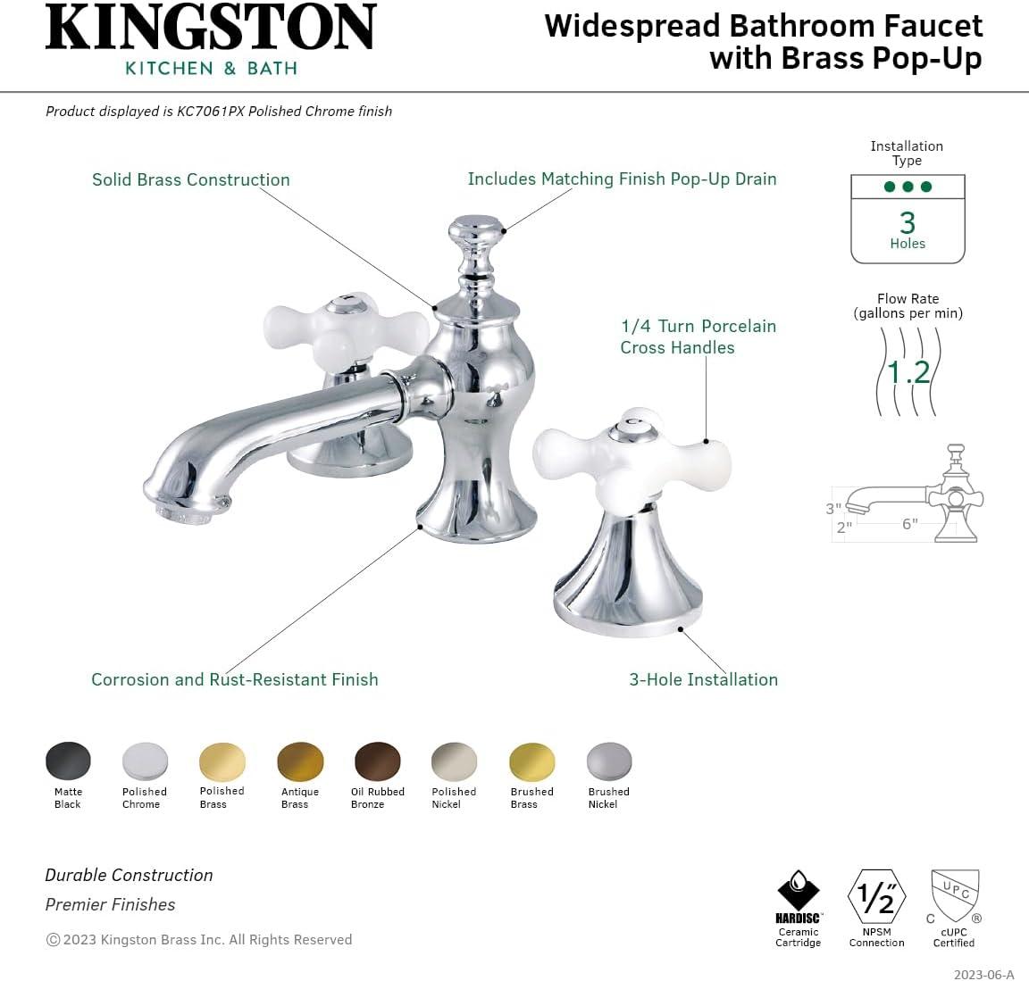 Kingston Brass Vintage Two-Handle 3-Hole Deck Mount Widespread Bathroom Faucet with Brass Pop-Up Drain