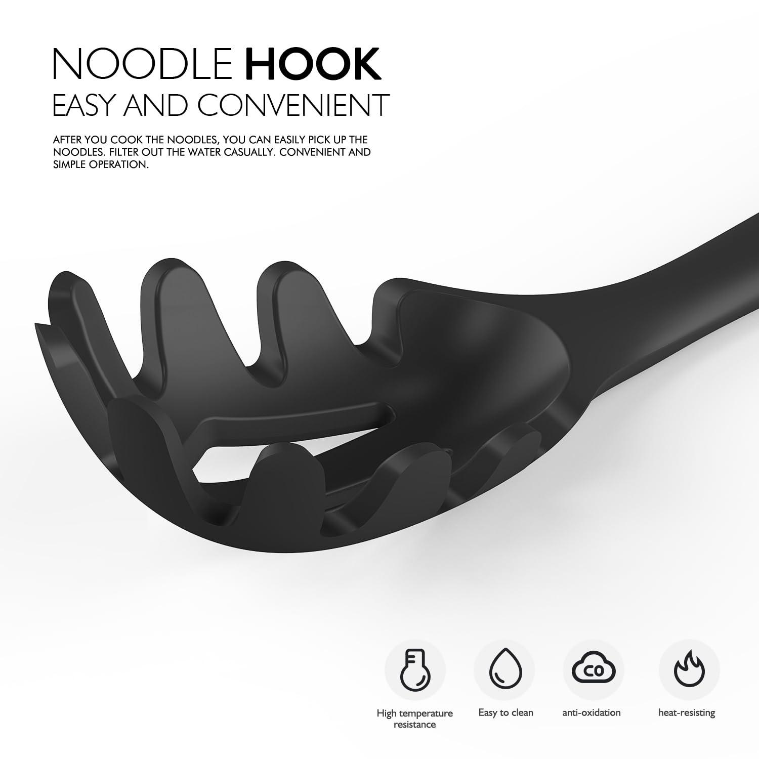 Large Silicone Cooking Utensils - Heat Resistant Kitchen Utensil Set with Wooden Handles, Spatula,Turner, Slotted Spoon, Pasta server, Kitchen Gadgets Tools Sets for Non-Stick Cookware (Black)