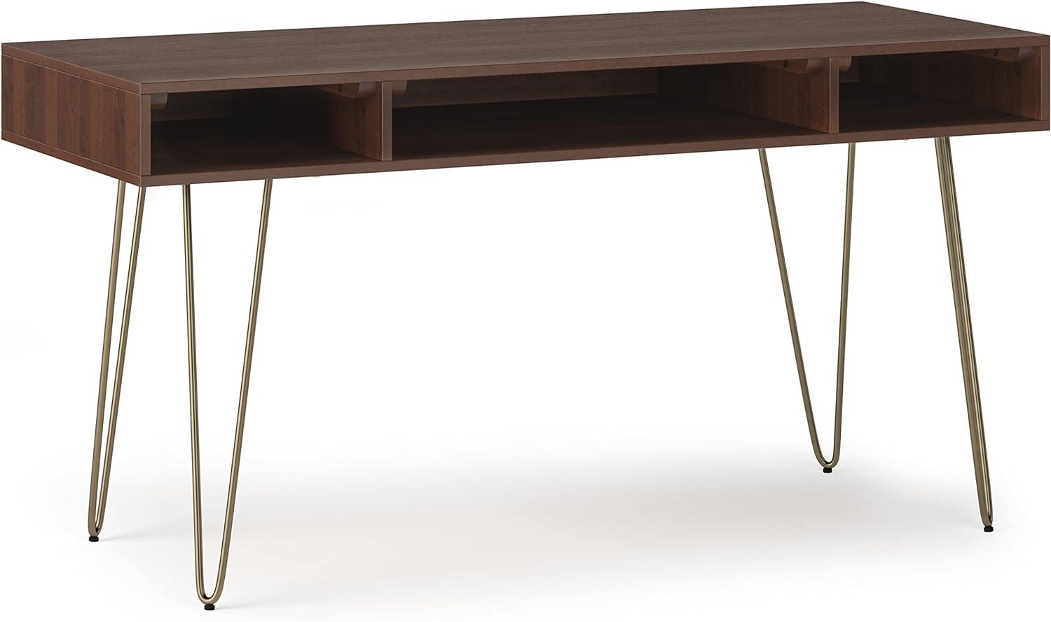 Simpli Home Hunter 60" Solid Wood Writing Desk in Umber Brown and Gold