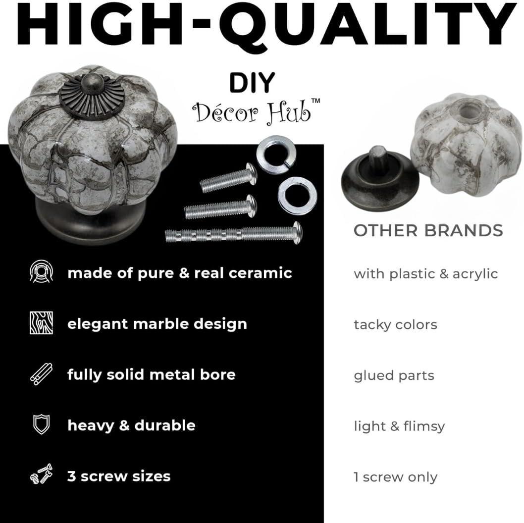 10 pcs Antique Silver Gray Ceramic Pumpkin Cabinet Knobs with Solid Metal Core for Cabinets, Drawers, Dressers, Closets