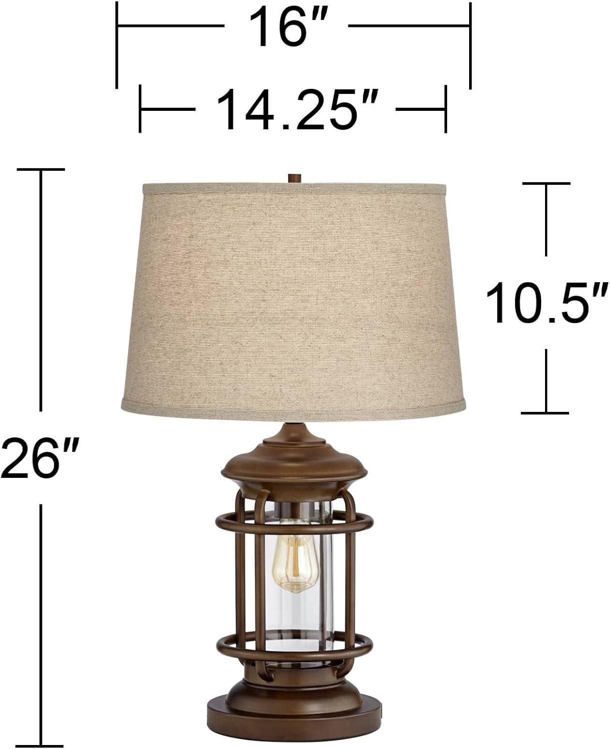 Franklin Iron Works Andreas Industrial Table Lamp 26" High Brown Metal with Nightlight LED and USB Charging Port Oatmeal Shade for Living Room Desk