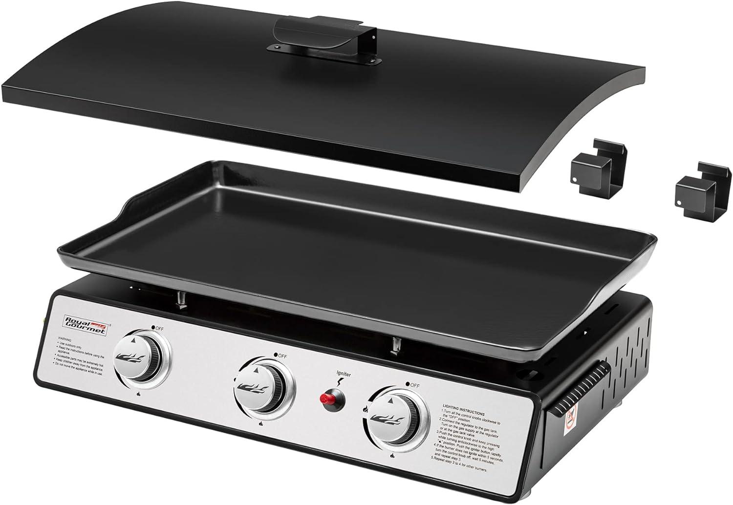 Royal Gourmet 3-Burner Portable Gas Grill Griddle with Top Hard Cover