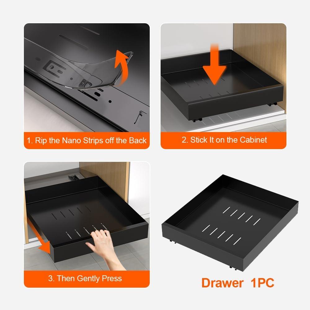 Pull Out Cabinet Organizer, Carbon Steel Cabinet Drawers Slide Out, Pantry Storage Shelves with Nano Adhesive Strip for Kitchen, Bathroom and Living Room 10.3" W X 17.0" D X 2.8H Grey
