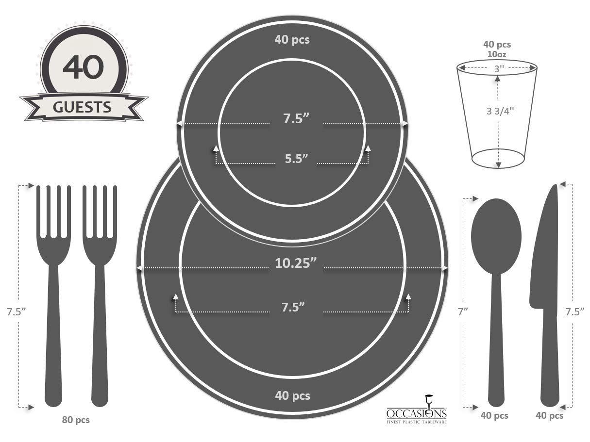 " OCCASIONS " 320 Piece set (40 Guests)-Vintage Wedding Party Disposable Plastic Plates & cutlery -40x10.25''+ 40x7.5'' +Gold Silverware + Gold rim Cups + Napkins (Portofino Plain Ivory)