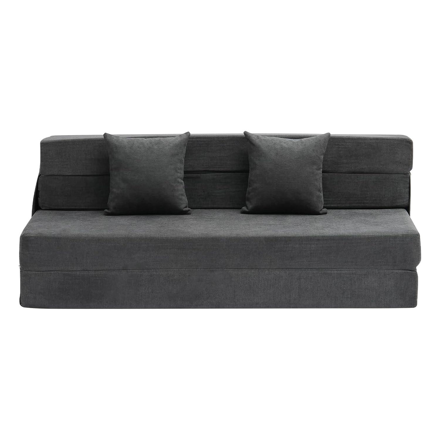 VEVOR Folding Sofa Bed, 3-in-1 Foldable Couch Bed with 2 Pillows and Washable Cover, 25D High Density Memory Foam Sleeper Chair Bed, Dark Grey(Queen)