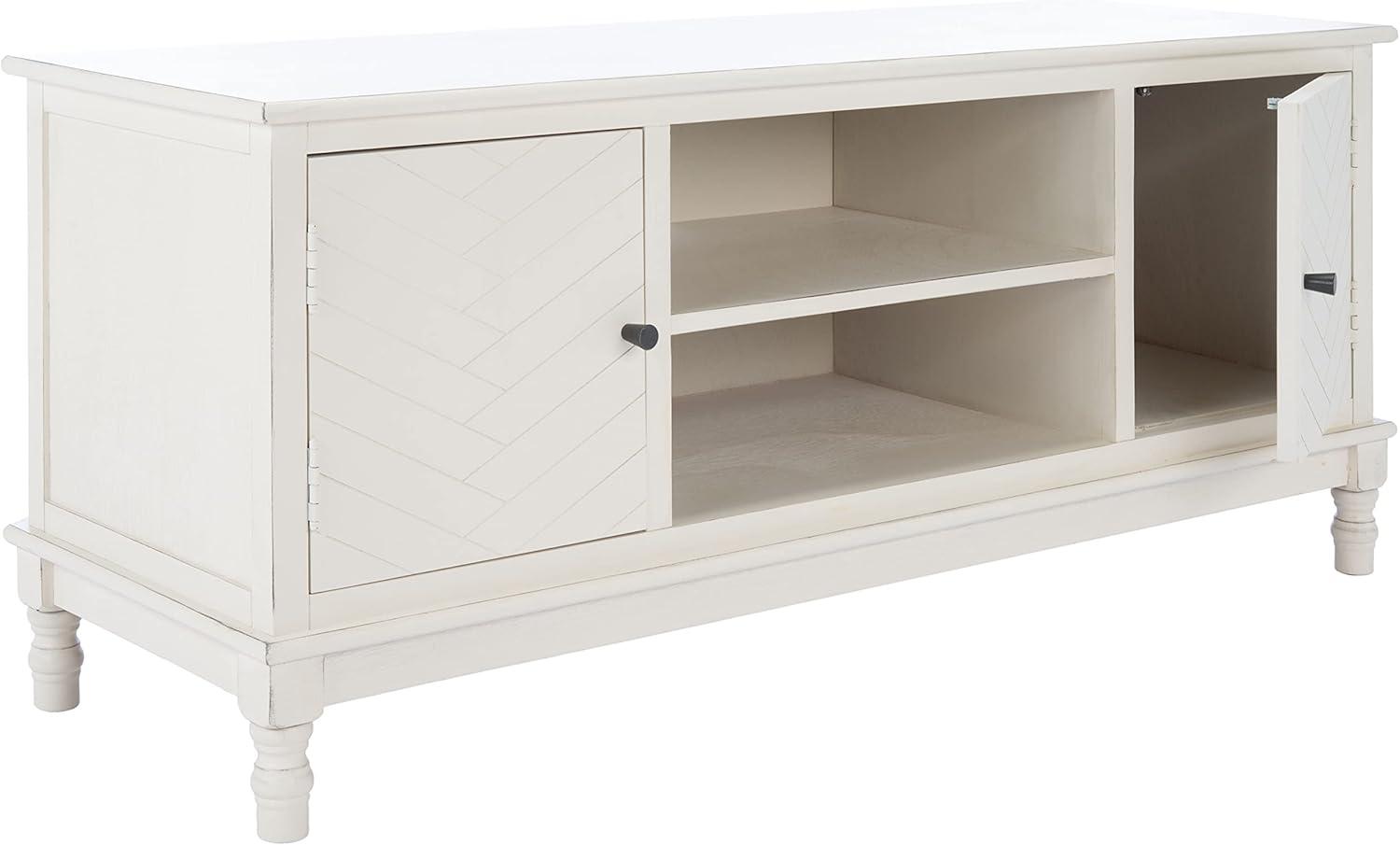 Distressed White Herringbone 2-Door Media Stand with Shelves