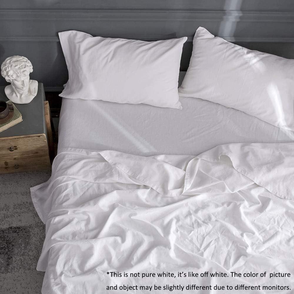 Simple&Opulence Belgian Linen Sheet Set Solid Color - 4 Pieces (1 Flat Sheet, 1 Fitted Sheet & 2 Pillowcases) Natural Flax Cotton Blend Soft Breathable Farmhouse Bedding - Full Size, White