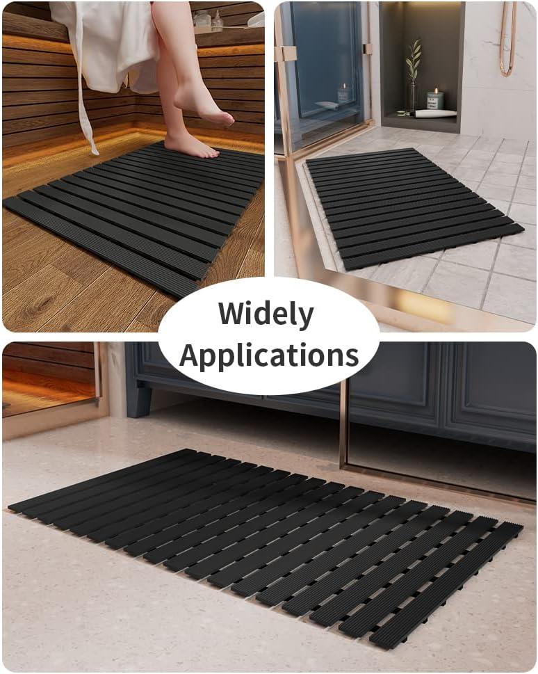 Shower-Mat Non Slip, PADOOR Heavy Duty Bathtub-Mat Curlable Quick Drain Sturdy Bath Tub Mat Without Suction Cups for Indoor Outdoor Use 17x26 Inch Black